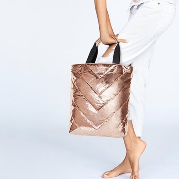 NWOT Victoria's Secret Metallic Rose Gold Quilted Puffer Tote Bag - Picture 4 of 12